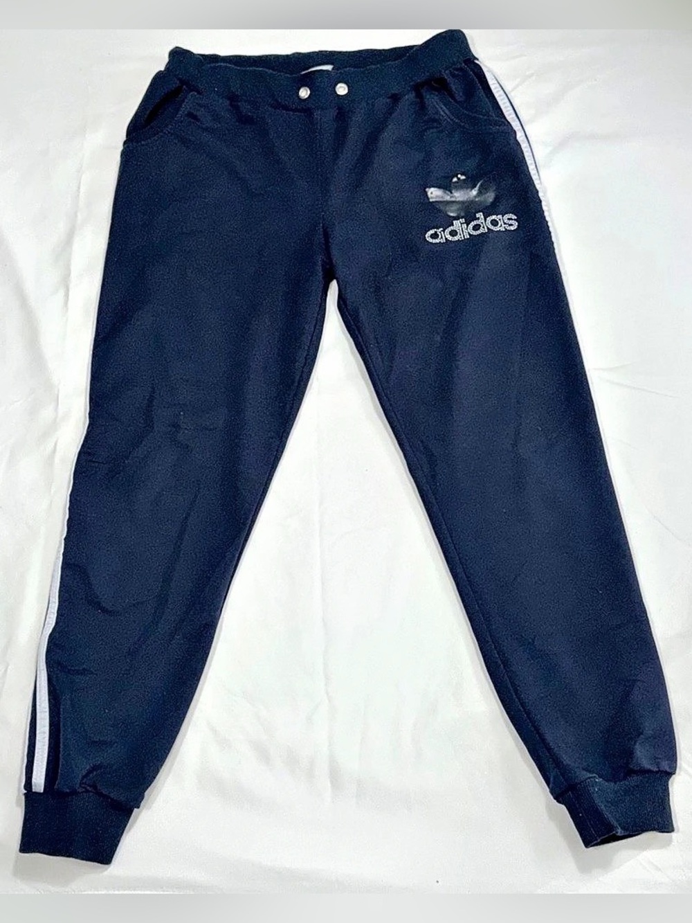 adidas Originals Womens XXL Black Rhinestone Logo 3 Stripe Joggers